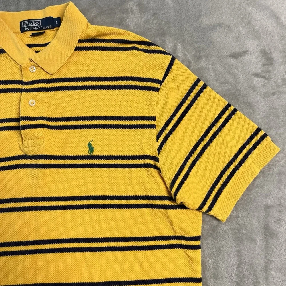 Vintage Polo Ralph Lauren Striped Polo Shirt Mens Large Yellow Logo Cotton EUC